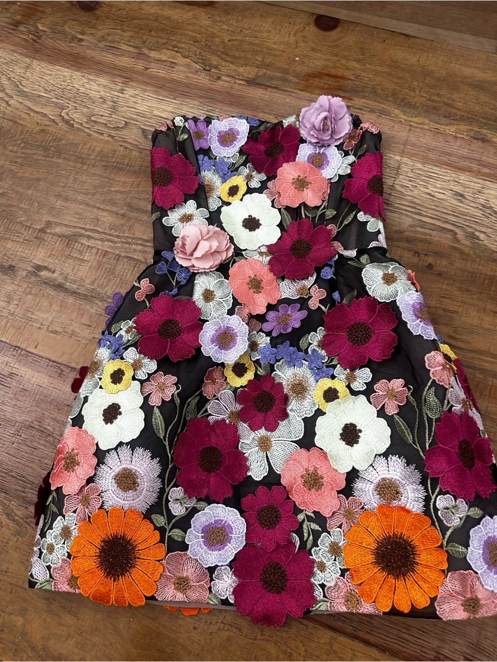Bronx and Banco Black Strapless Mini Dress with Multicolor Floral Appliqués